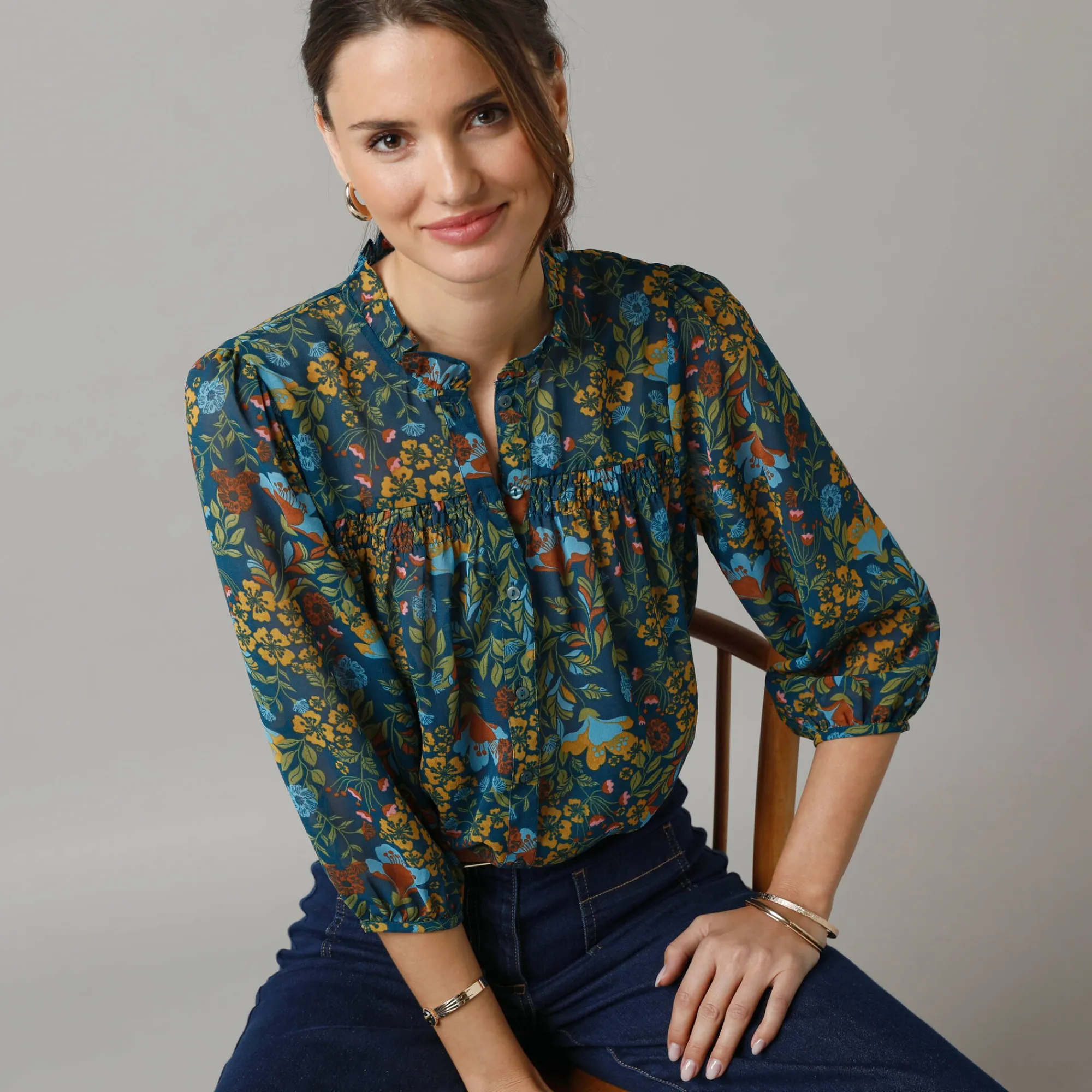 Bloes En Tuniek<Lora Zellini Bloes in bedrukte voile, details in smokwerk blauw