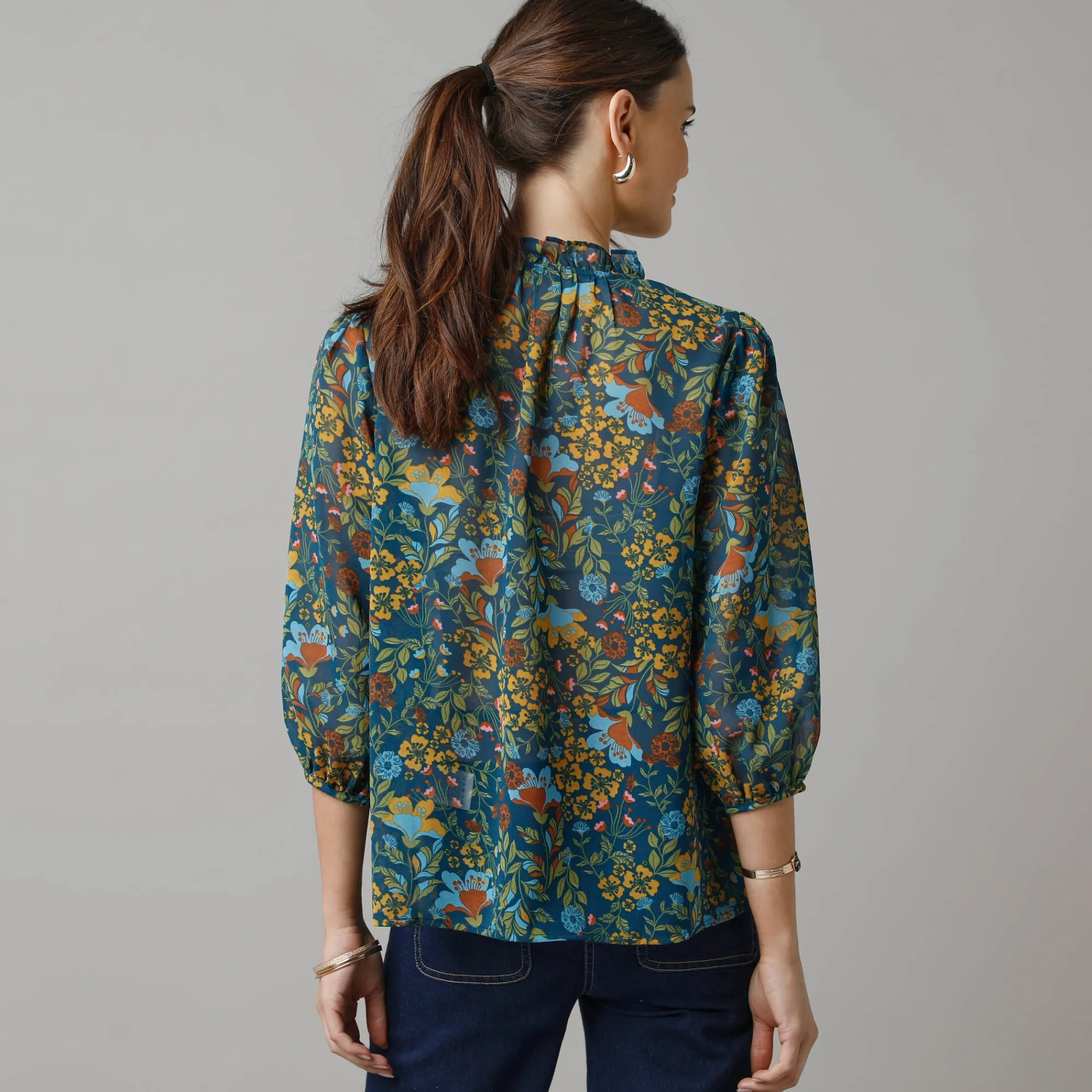 Bloes En Tuniek<Lora Zellini Bloes in bedrukte voile, details in smokwerk blauw