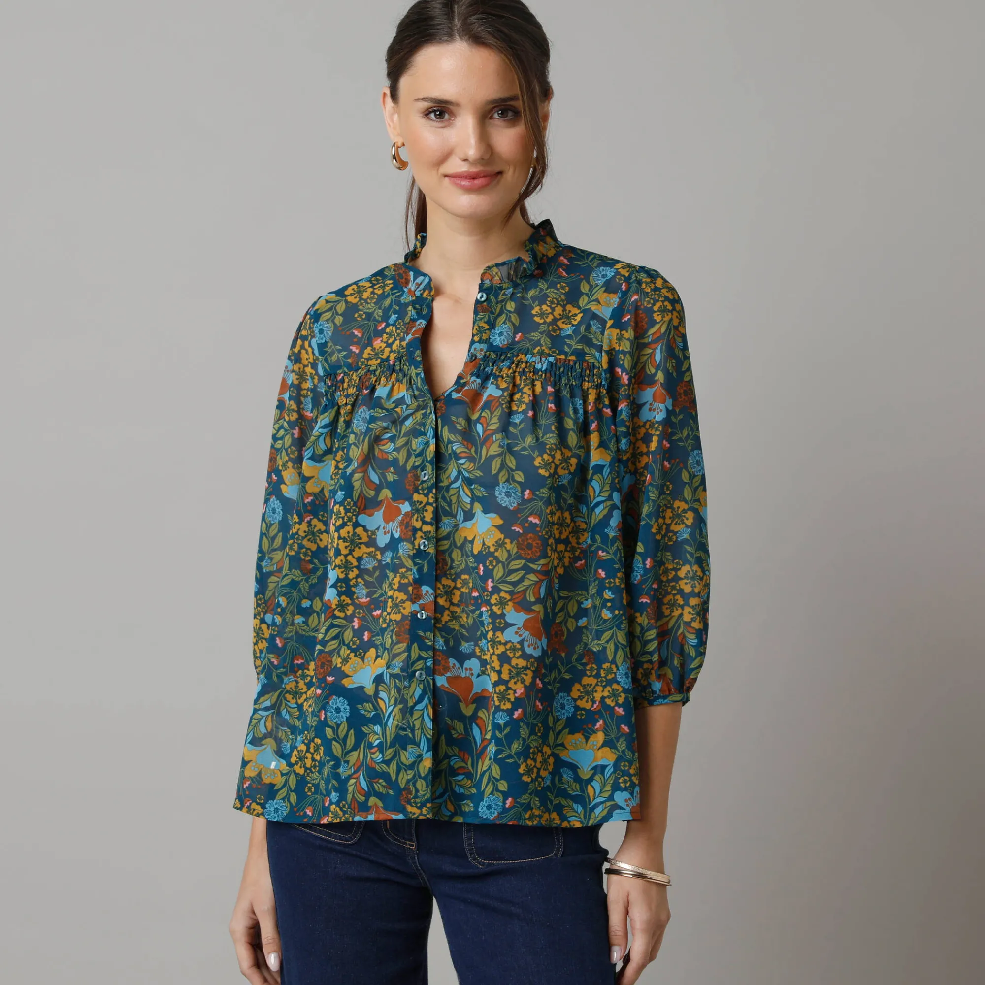 Bloes En Tuniek<Lora Zellini Bloes in bedrukte voile, details in smokwerk blauw