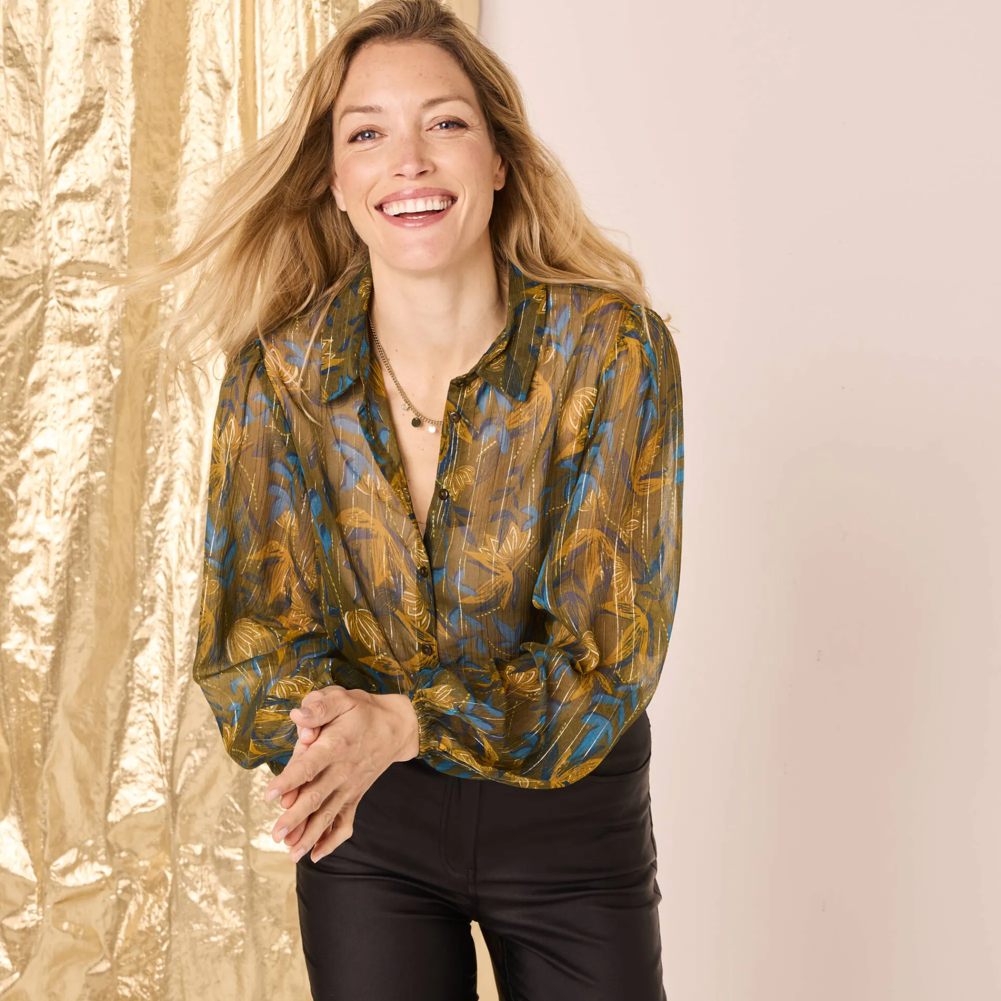 Feestoutfits Dames|Bloes En Tuniek<Blancheporte Bloes in bedrukte voile, glansdraad kaki / blauw