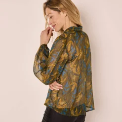 Feestoutfits Dames|Bloes En Tuniek<Blancheporte Bloes in bedrukte voile, glansdraad kaki / blauw
