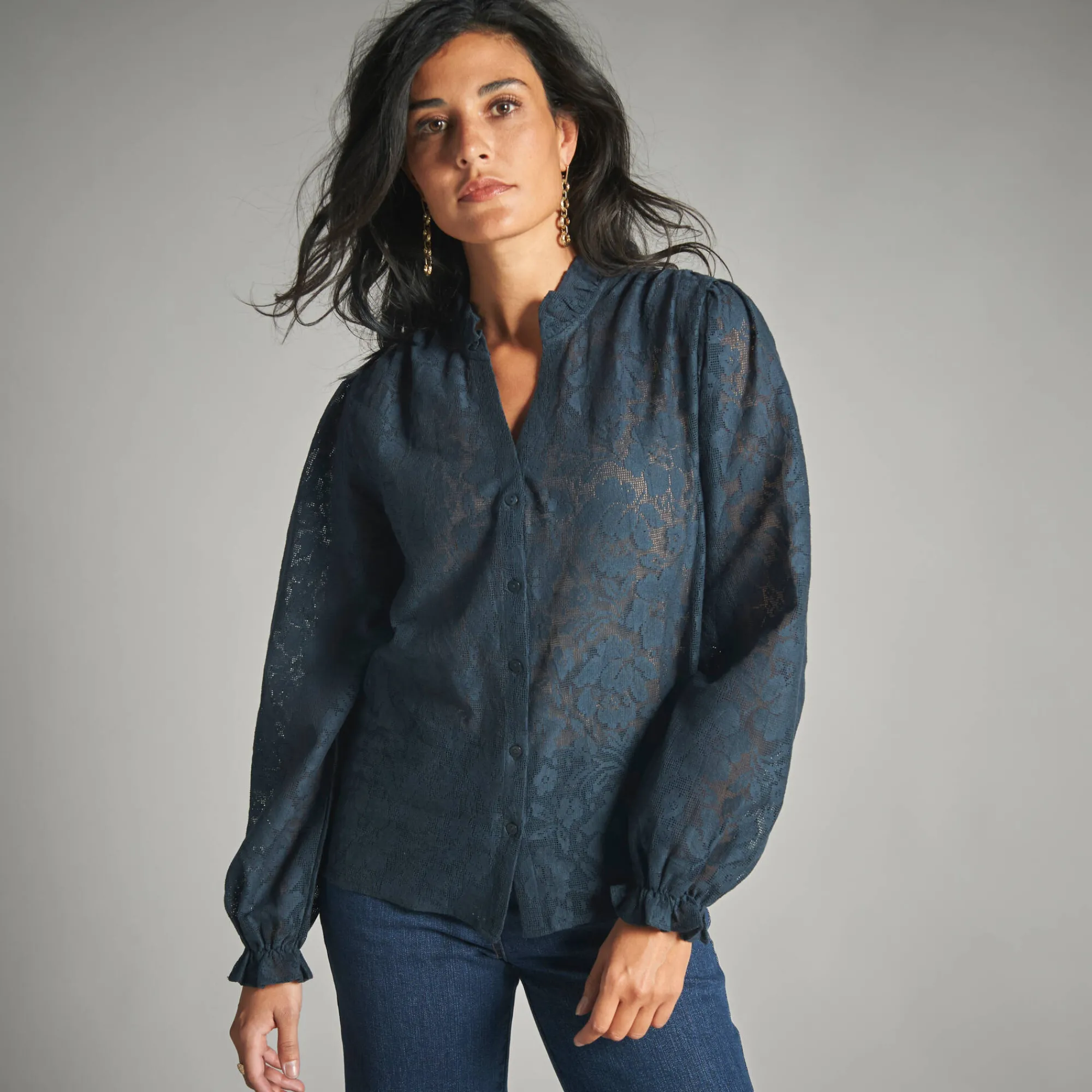 Bloes En Tuniek<Lora Zellini Bloes in bloemenkant, strookjes aan de kraag indigo