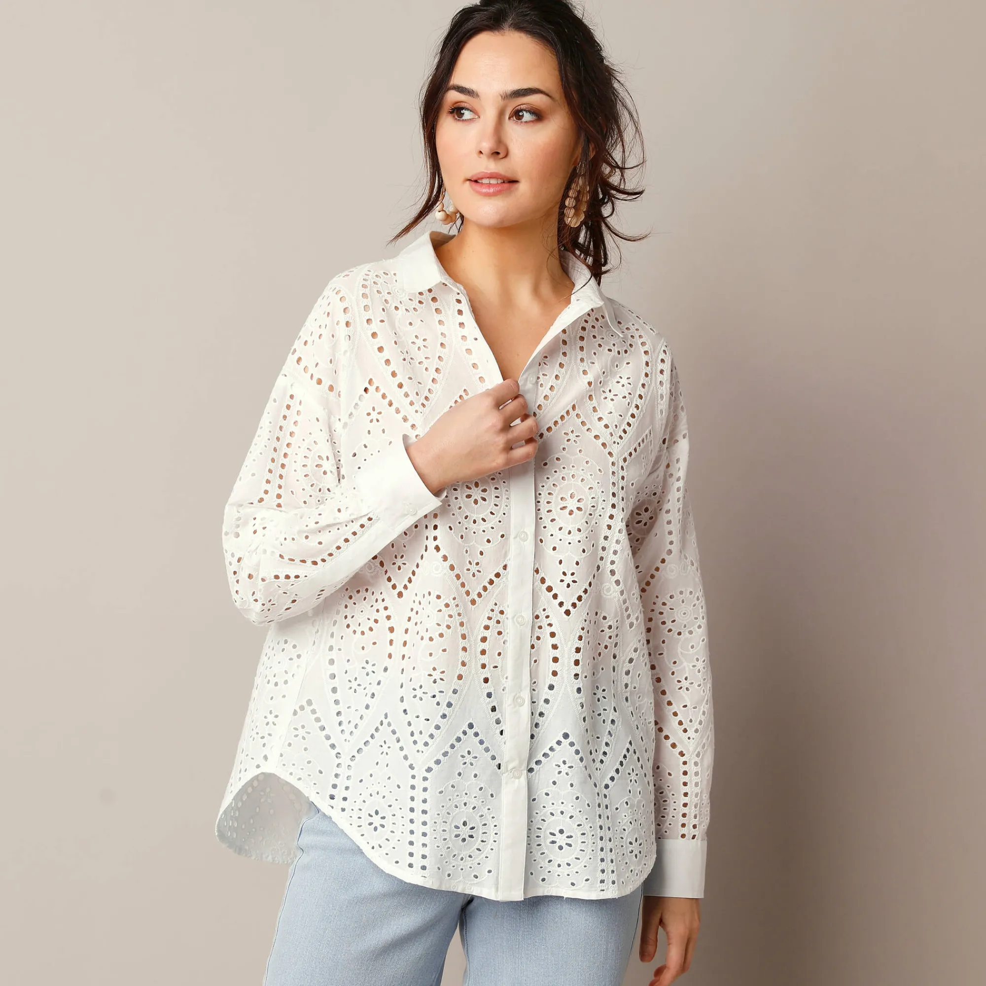 Bloes En Tuniek<Blancheporte Bloes in broderie anglaise, lange mouwen wit