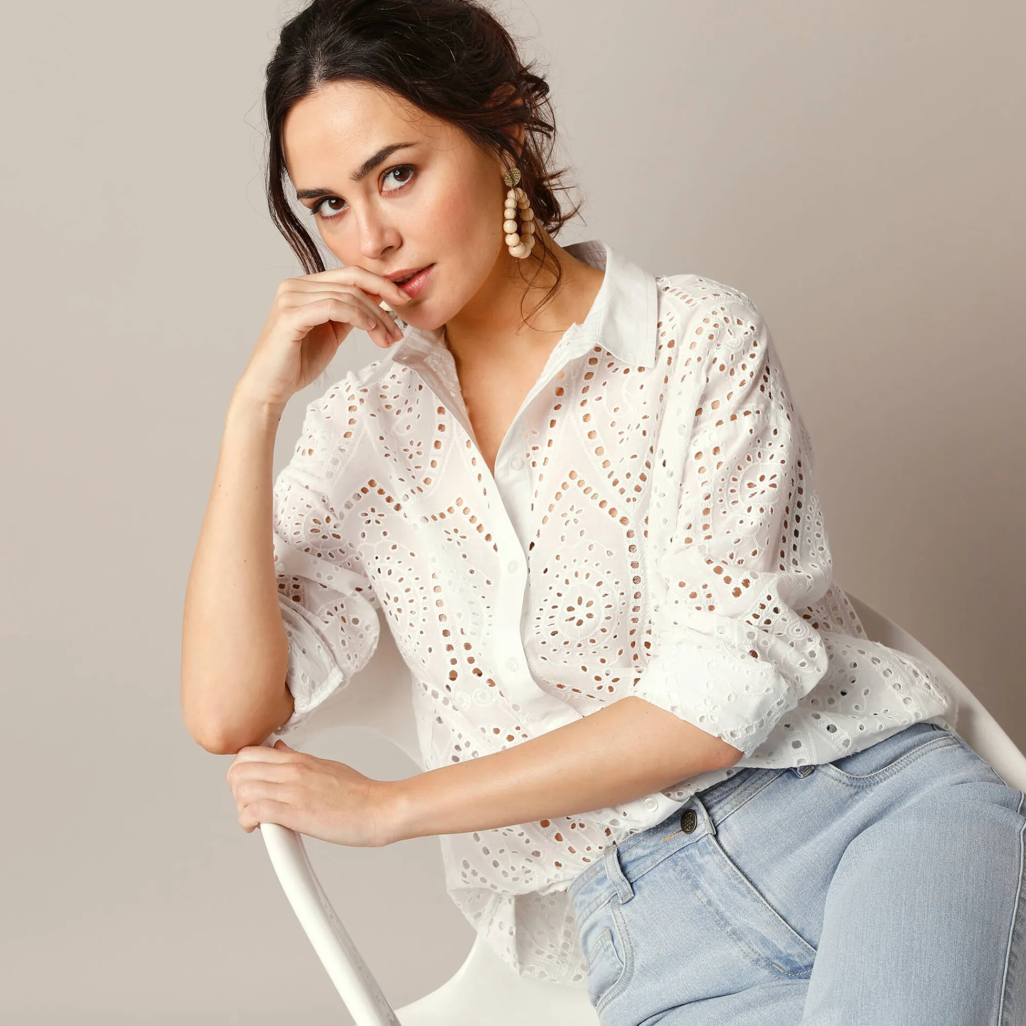 Bloes En Tuniek<Blancheporte Bloes in broderie anglaise, lange mouwen wit
