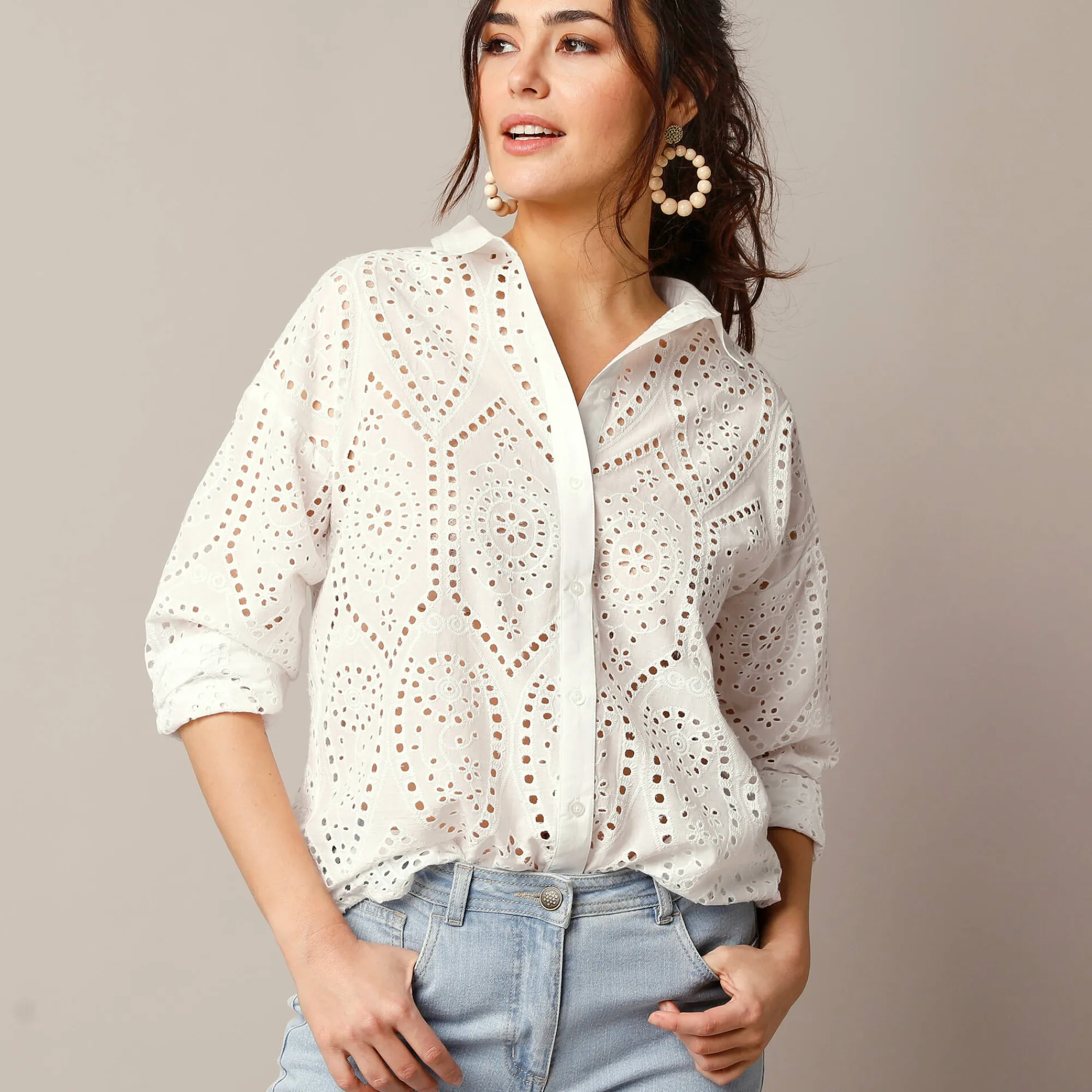 Bloes En Tuniek<Blancheporte Bloes in broderie anglaise, lange mouwen wit