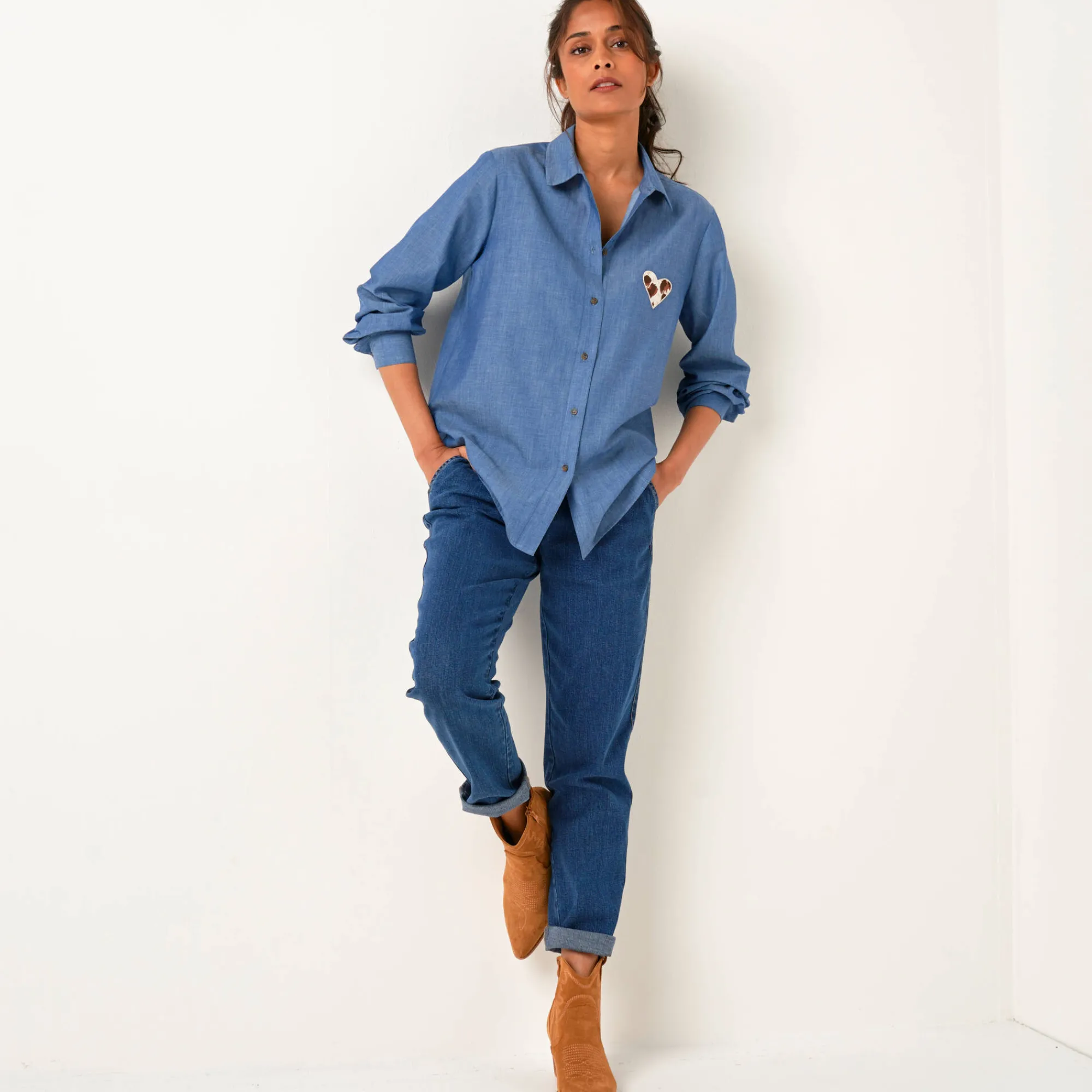 Bloes En Tuniek<Blancheporte Bloes in chambray, geborduurd hartje stone