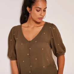 Bloes En Tuniek<Blancheporte Bloes in crepon met goudkleurige print kaki / goudkleurig
