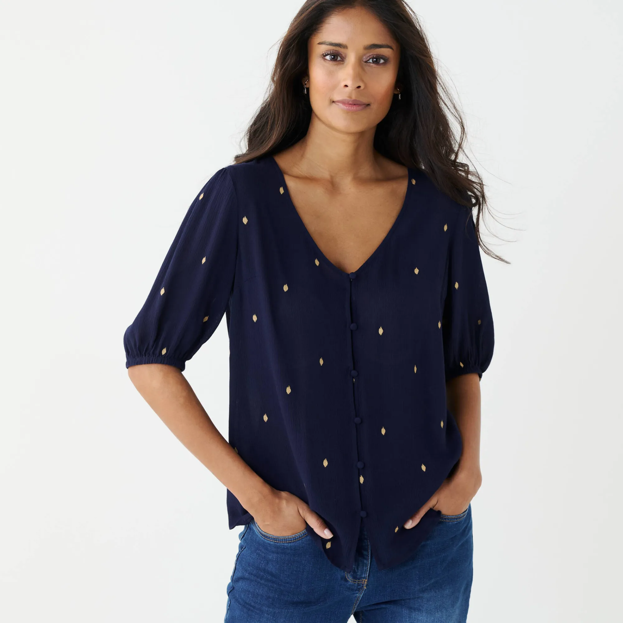 Bloes En Tuniek<Blancheporte Bloes in crepon met goudkleurige print marine / goudkleurig