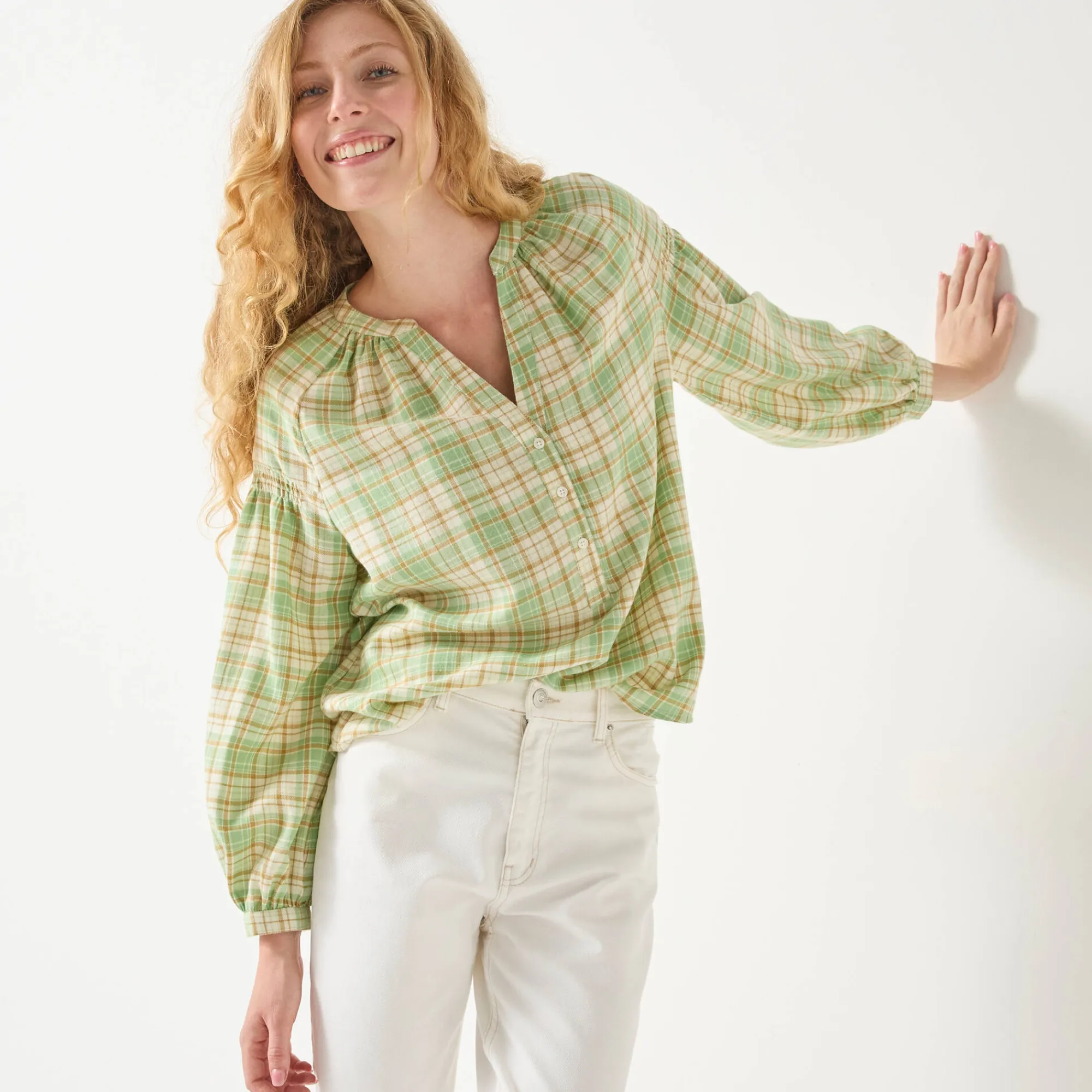 Bloes En Tuniek<Blancheporte Bloes in flanel met ruitenprint, 7/8-mouwen groen / ecru