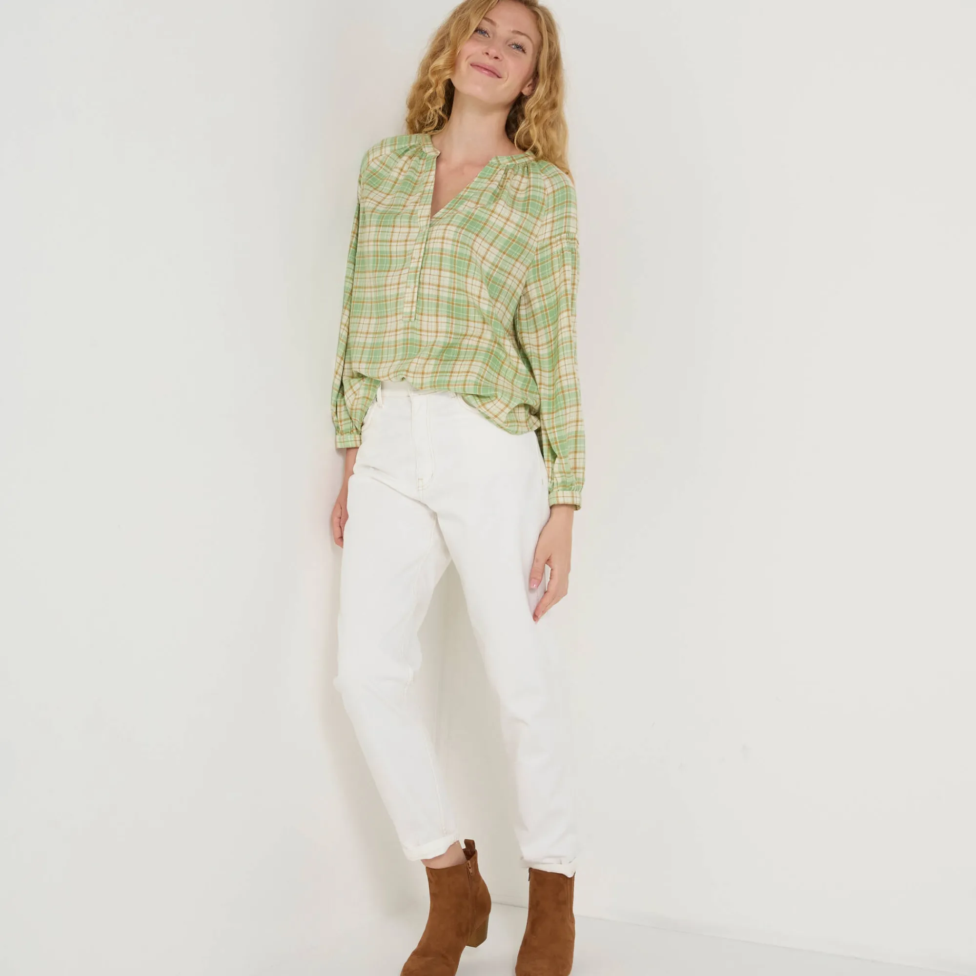 Bloes En Tuniek<Blancheporte Bloes in flanel met ruitenprint, 7/8-mouwen groen / ecru