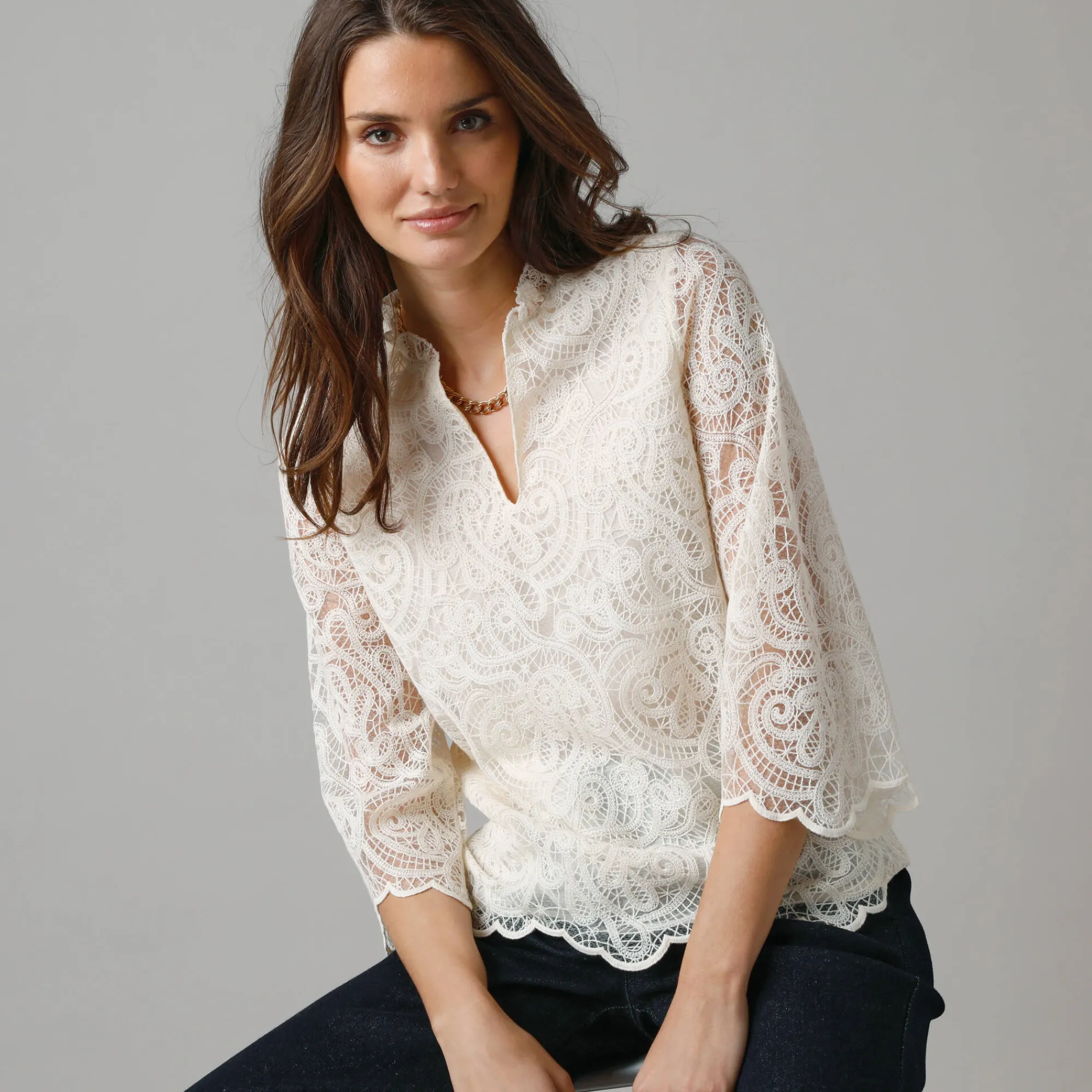 Feestoutfits Dames|Bloes En Tuniek<Lora Zellini Bloes in gevoerde kant, 7/8-mouwen ecru