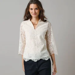 Feestoutfits Dames|Bloes En Tuniek<Lora Zellini Bloes in gevoerde kant, 7/8-mouwen ecru