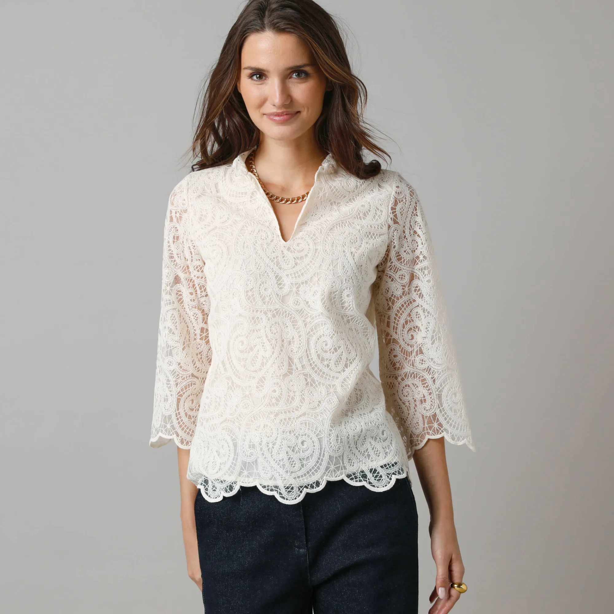 Feestoutfits Dames|Bloes En Tuniek<Lora Zellini Bloes in gevoerde kant, 7/8-mouwen ecru
