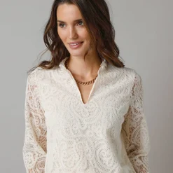 Feestoutfits Dames|Bloes En Tuniek<Lora Zellini Bloes in gevoerde kant, 7/8-mouwen ecru