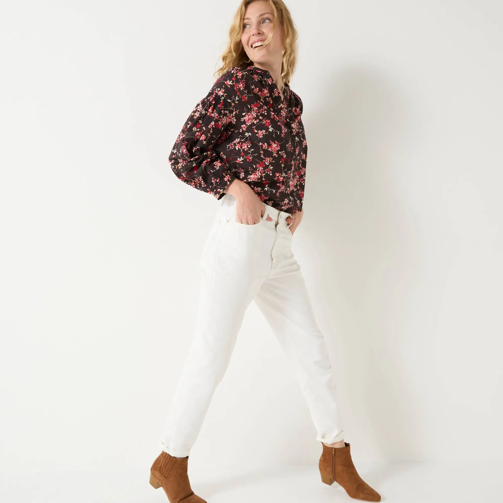 Bloes En Tuniek<Blancheporte Bloes in katoen met bloemenprint, 7/8-mouwen chocolade / roze