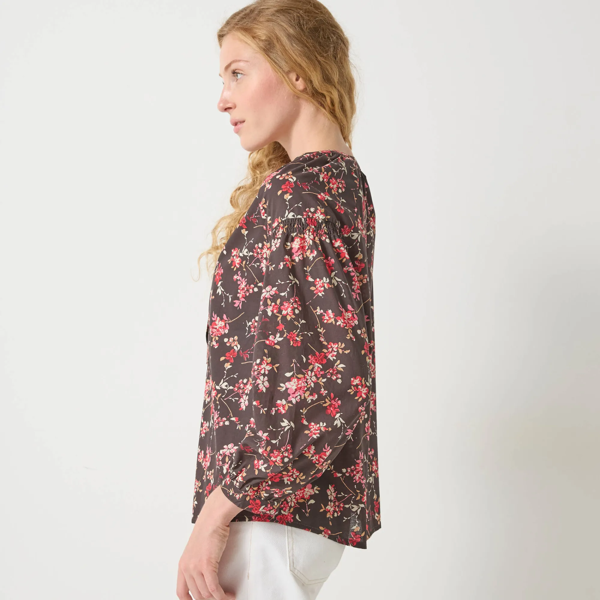 Bloes En Tuniek<Blancheporte Bloes in katoen met bloemenprint, 7/8-mouwen chocolade / roze