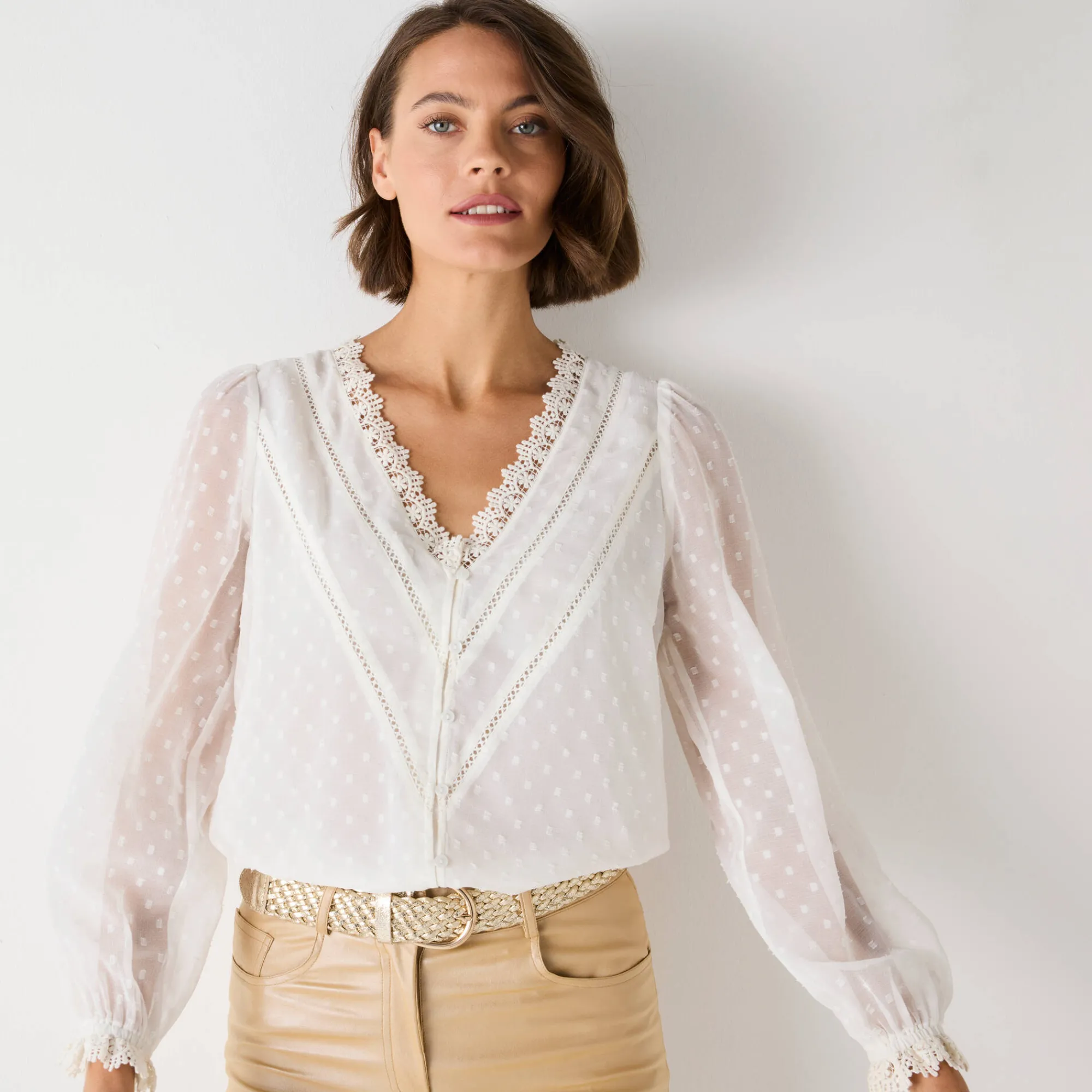 Feestoutfits Dames|Bloes En Tuniek<Blancheporte Bloes in plumetisvoile, details in macramé ecru