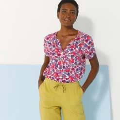 Bloes En Tuniek<Blancheporte Bloes in viscose met knoopsluiting en etnische print, korte mouwen wit / blauw