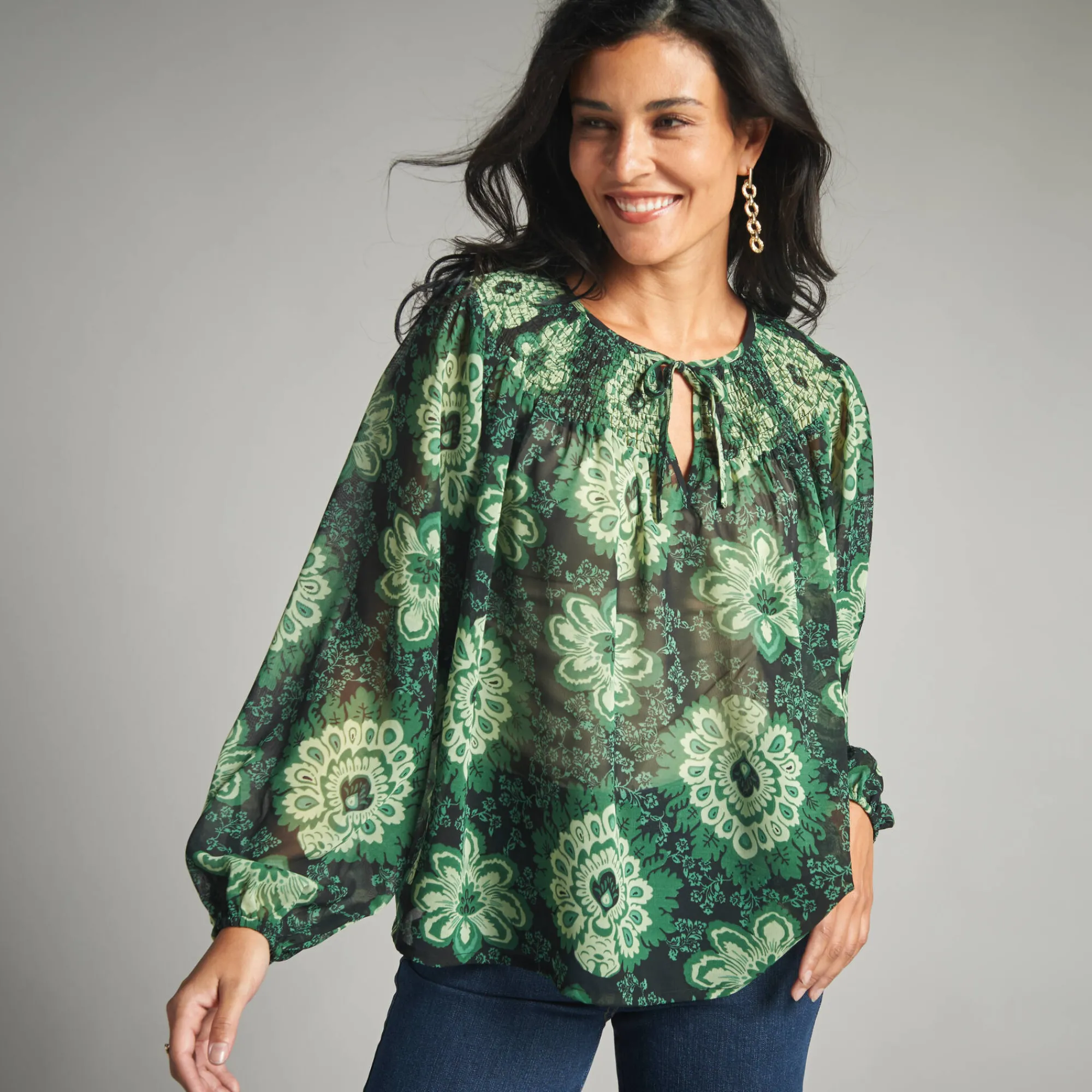 Bloes En Tuniek<Lora Zellini Bloes in voile, bedrukt zwart / groen