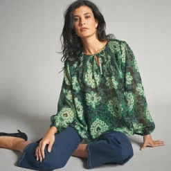 Bloes En Tuniek<Lora Zellini Bloes in voile, bedrukt zwart / groen