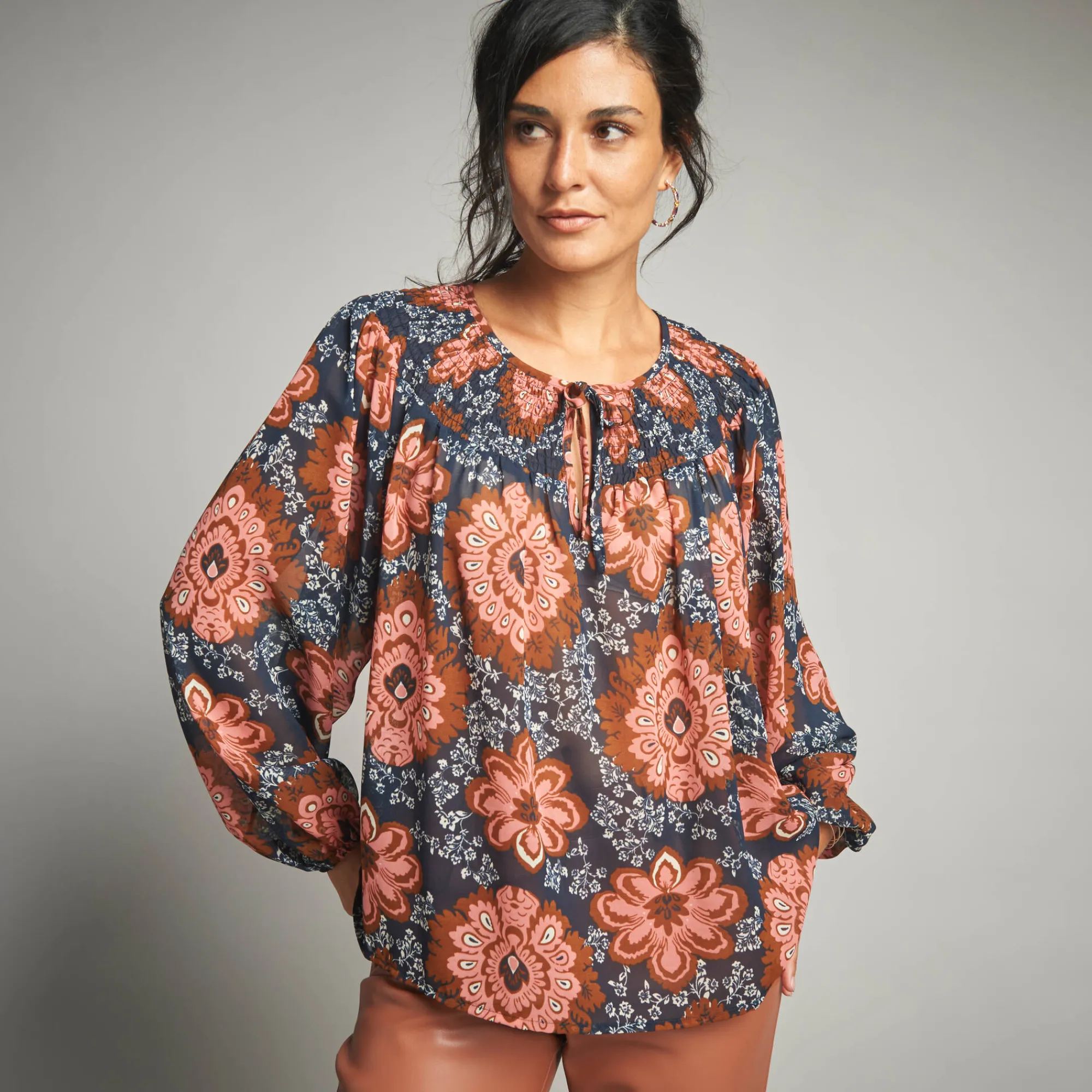 Bloes En Tuniek<Lora Zellini Bloes in voile, bedrukt marine / koraal