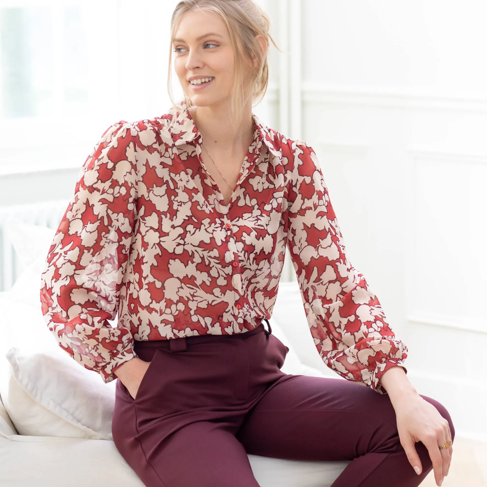 Bloes En Tuniek<Blancheporte Bloes in voile, bloemenprint bordeaux