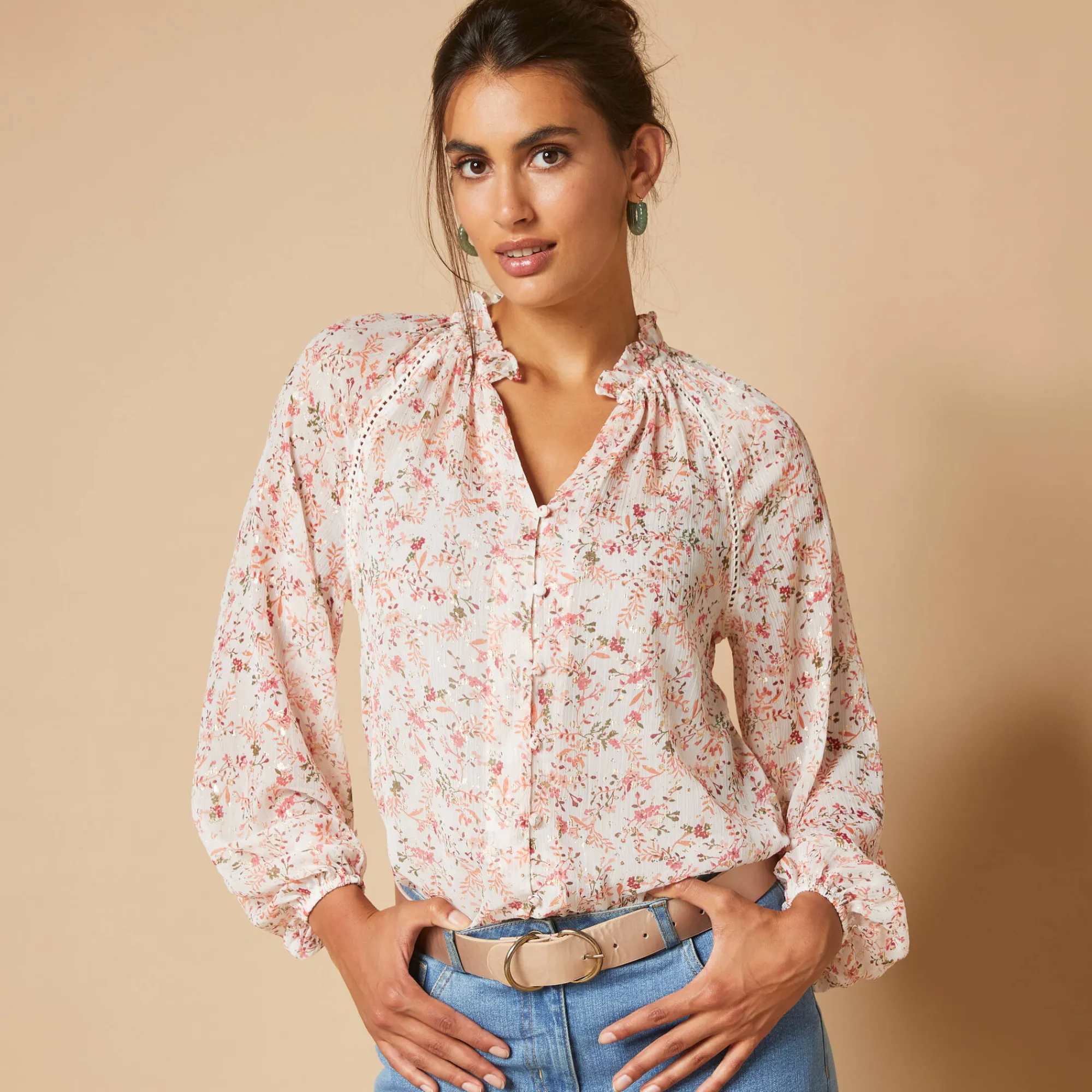 Bloes En Tuniek<Blancheporte Bloes in voile met bloemenprint, goudkleurige print ecru / roze