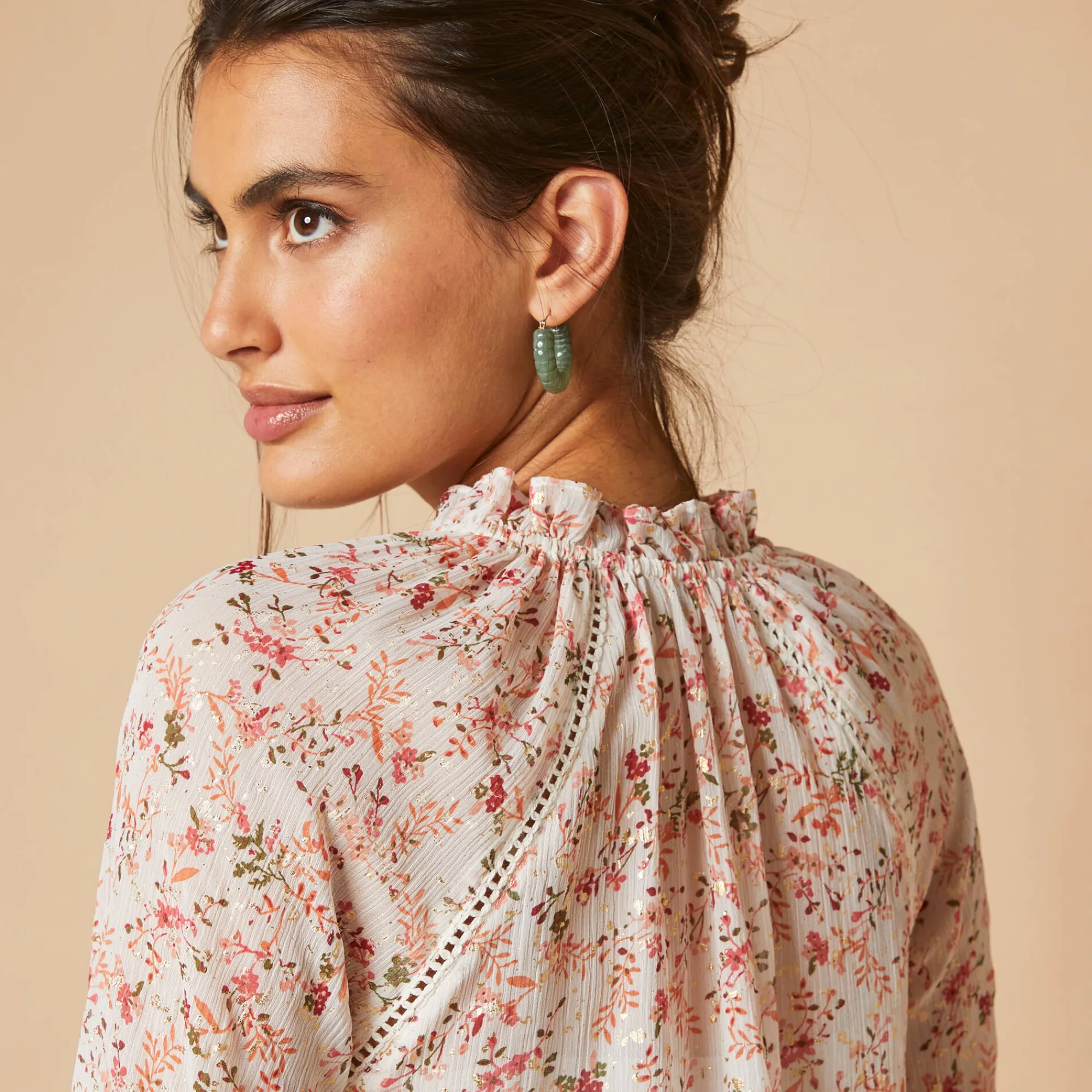 Bloes En Tuniek<Blancheporte Bloes in voile met bloemenprint, goudkleurige print ecru / roze
