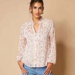 Bloes En Tuniek<Blancheporte Bloes in voile met bloemenprint, goudkleurige print ecru / roze