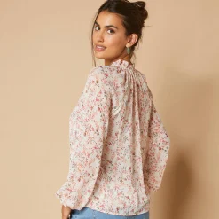 Bloes En Tuniek<Blancheporte Bloes in voile met bloemenprint, goudkleurige print ecru / roze