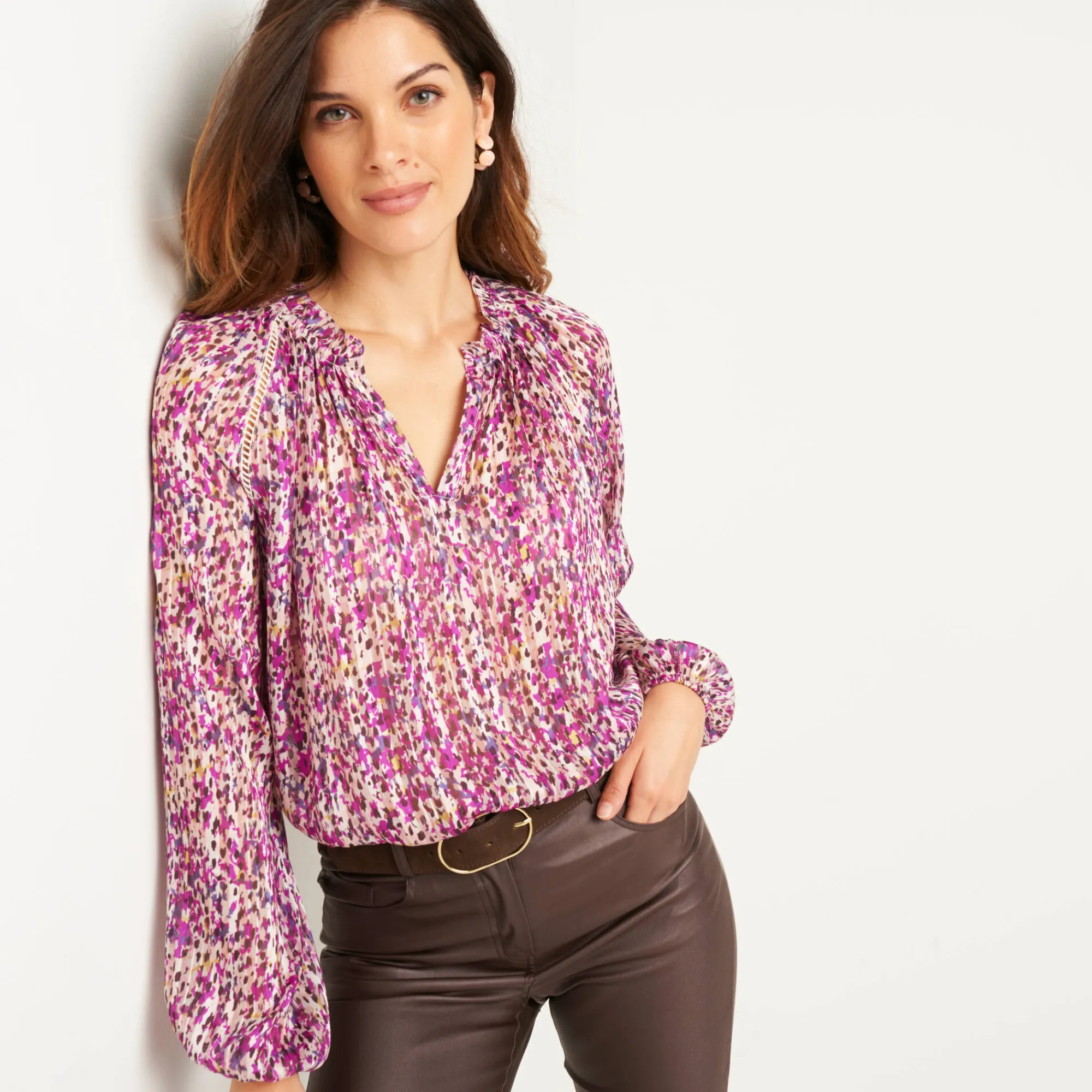 Feestoutfits Dames|Bloes En Tuniek<Blancheporte Bloes in voile met vlekkenprint pruim