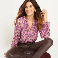 Feestoutfits Dames|Bloes En Tuniek<Blancheporte Bloes in voile met vlekkenprint pruim