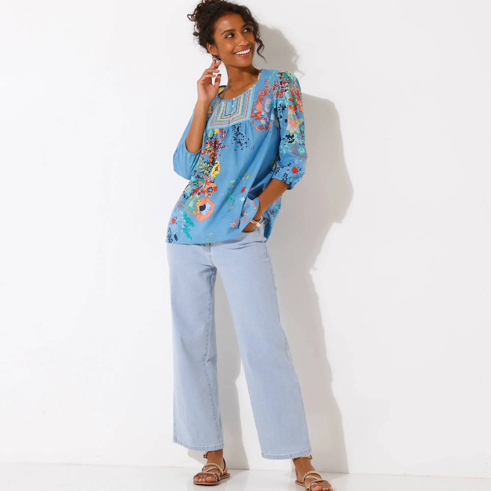Bloes En Tuniek<Blancheporte Bloes met bloemenprint blauw / koraal