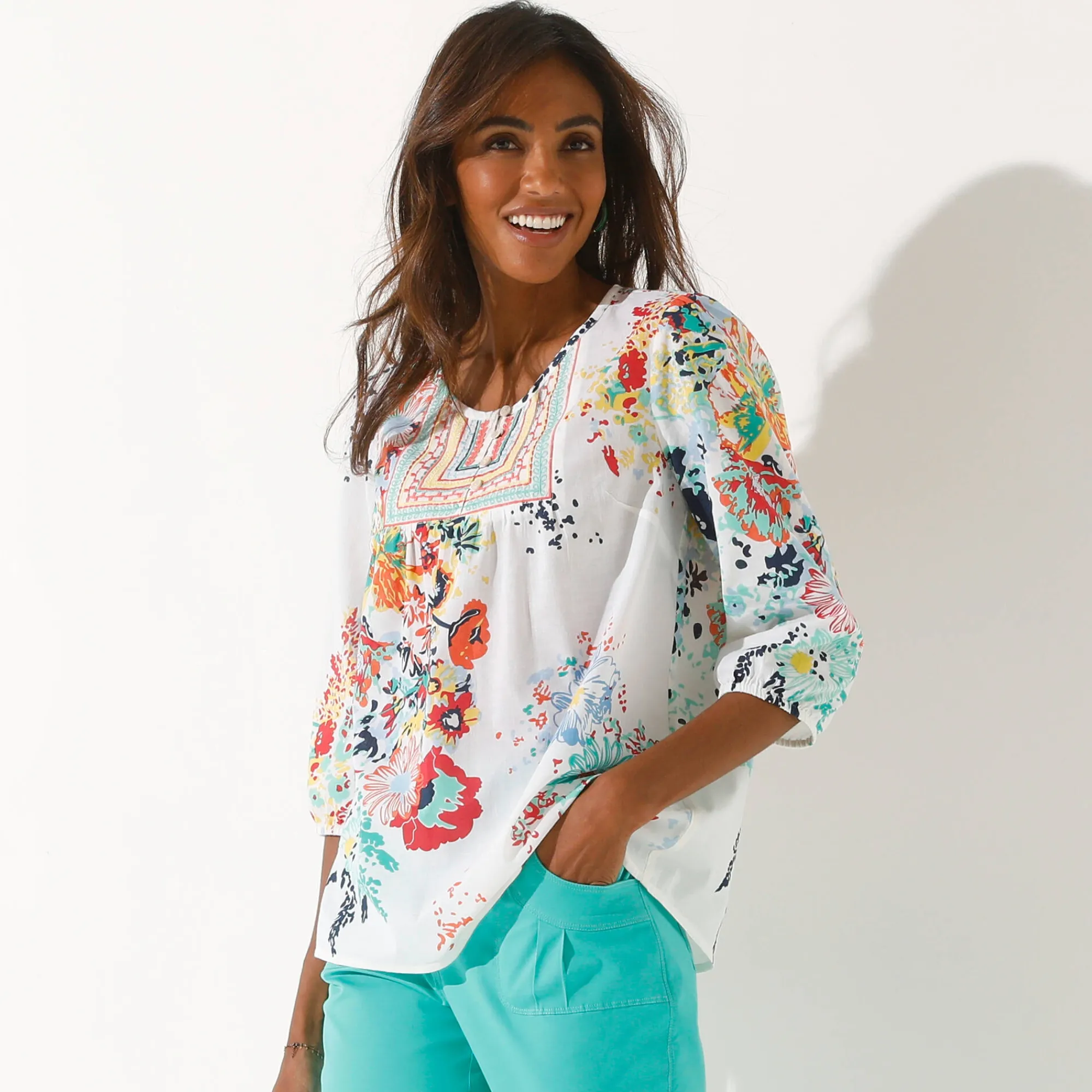 Bloes En Tuniek<Blancheporte Bloes met bloemenprint wit / muntgroen