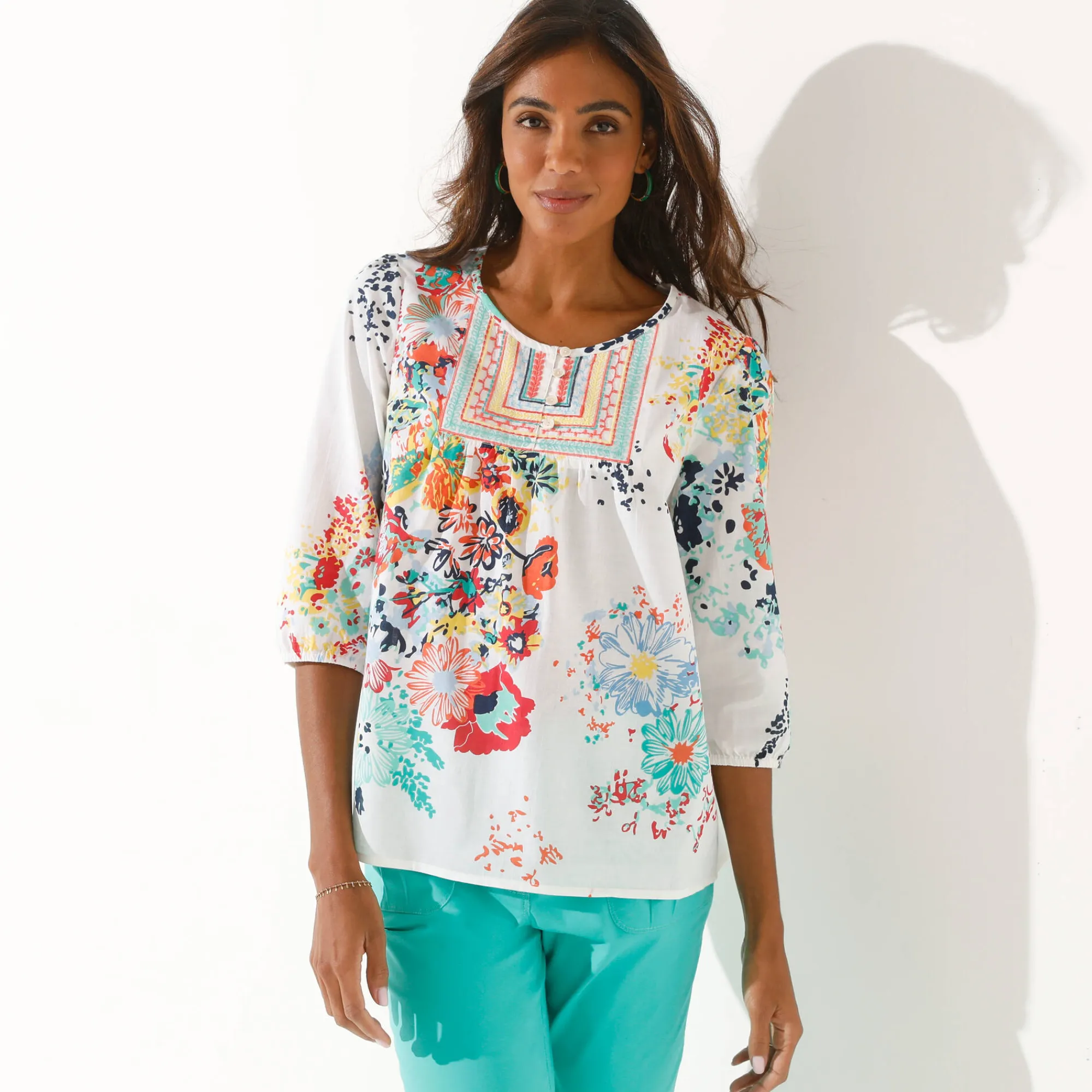 Bloes En Tuniek<Blancheporte Bloes met bloemenprint wit / muntgroen