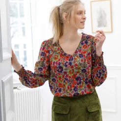 Bloes En Tuniek<Blancheporte Bloes met bloemenprint en smokwerk aan de schouders marine / paprika