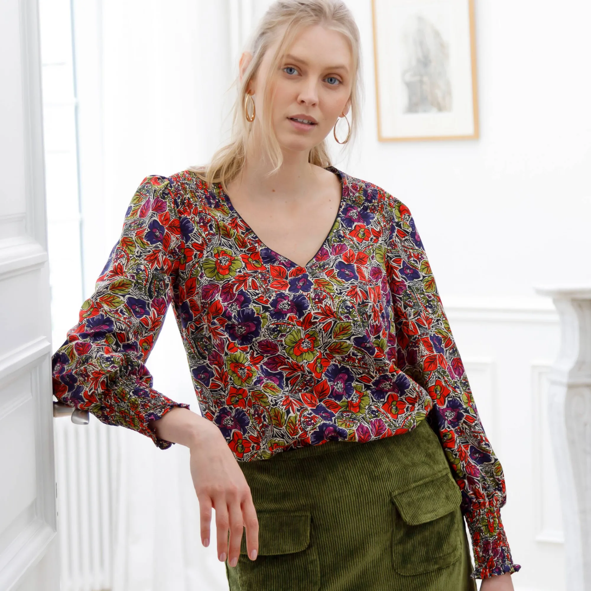 Bloes En Tuniek<Blancheporte Bloes met bloemenprint en smokwerk aan de schouders marine / paprika