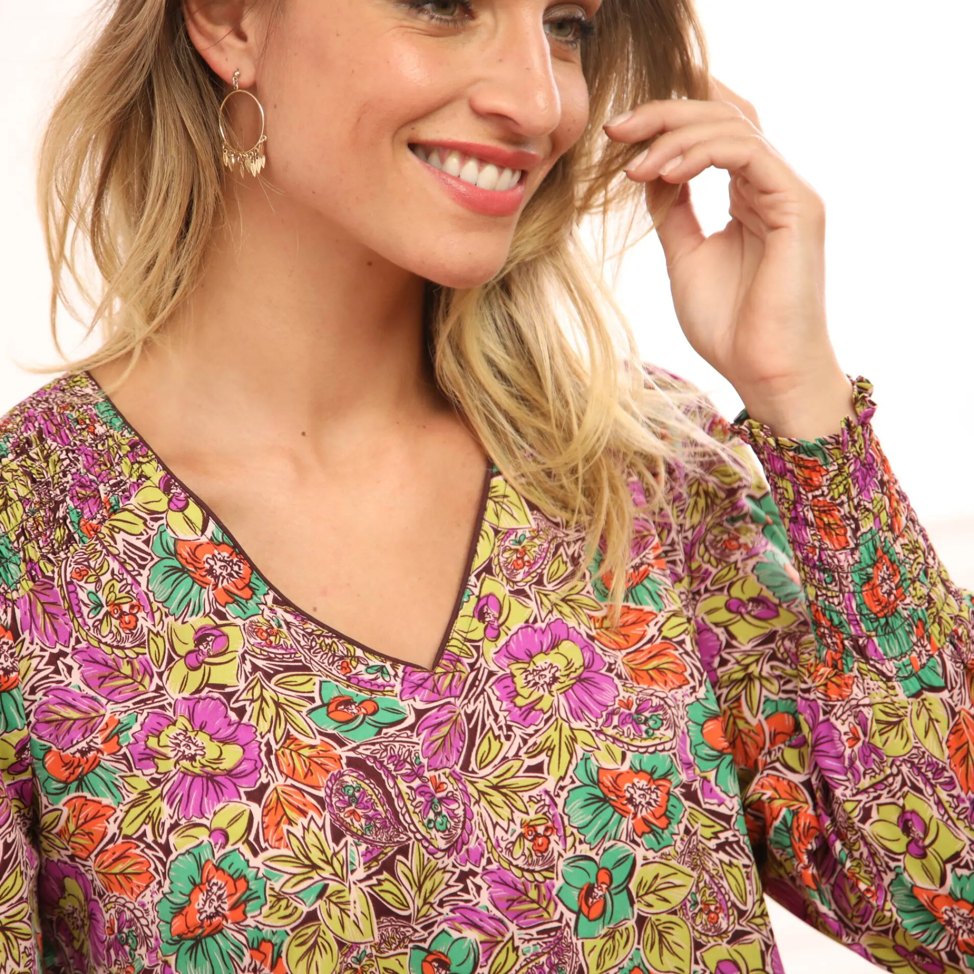 Bloes En Tuniek<Blancheporte Bloes met bloemenprint en smokwerk aan de schouders violine / groen