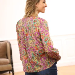 Bloes En Tuniek<Blancheporte Bloes met bloemenprint en smokwerk aan de schouders violine / groen