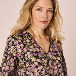 Feestoutfits Dames|Bloes En Tuniek<Blancheporte Bloes met bloemenprint, kanten detail zwart / paars
