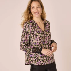 Feestoutfits Dames|Bloes En Tuniek<Blancheporte Bloes met bloemenprint, kanten detail zwart / paars