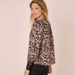 Feestoutfits Dames|Bloes En Tuniek<Blancheporte Bloes met bloemenprint, kanten detail zwart / paars