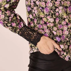 Feestoutfits Dames|Bloes En Tuniek<Blancheporte Bloes met bloemenprint, kanten detail zwart / paars