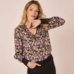 Feestoutfits Dames|Bloes En Tuniek<Blancheporte Bloes met bloemenprint, kanten detail zwart / paars
