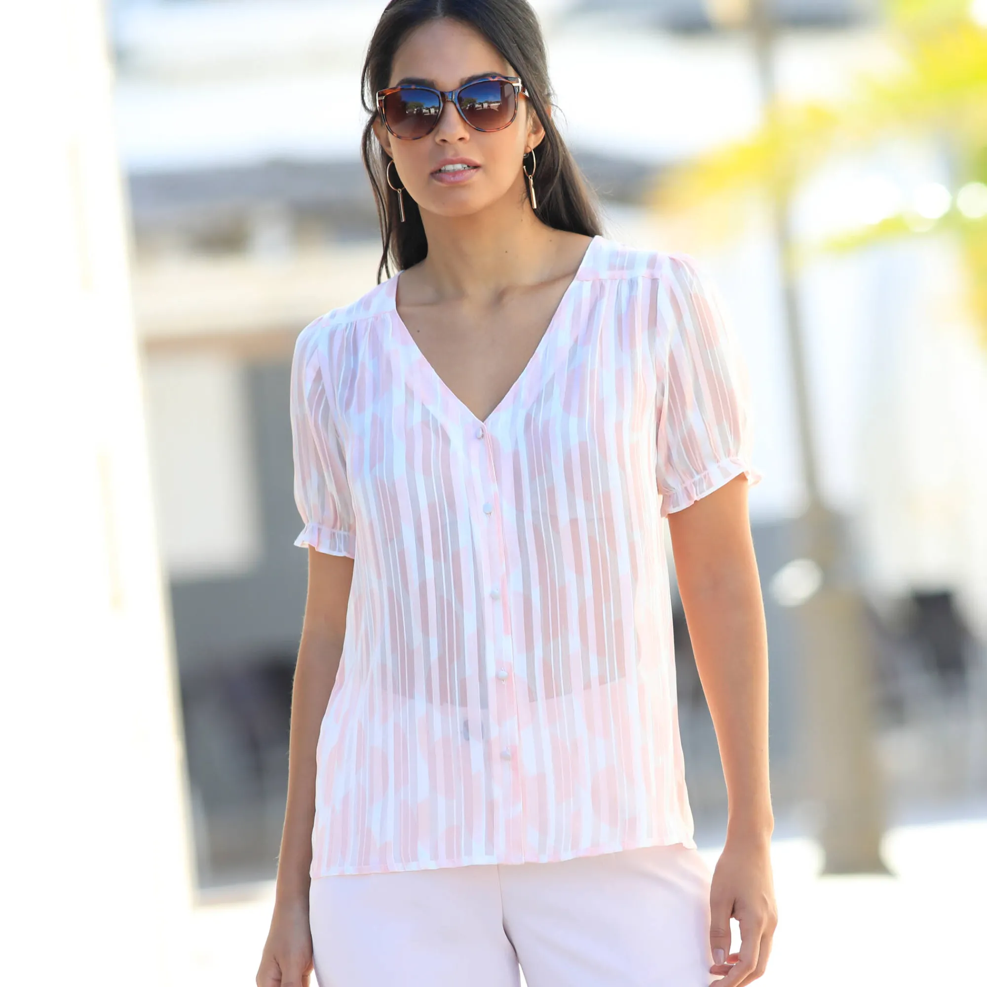 Jurk|Bloes En Tuniek<Blancheporte Bloes met bloezende mouwen en tweekleurige print, jacquardvoile poederroze / ecru