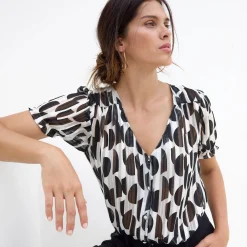 Bloes En Tuniek<Blancheporte Bloes met bloezende mouwen en tweekleurige print, jacquardvoile zwart / ecru
