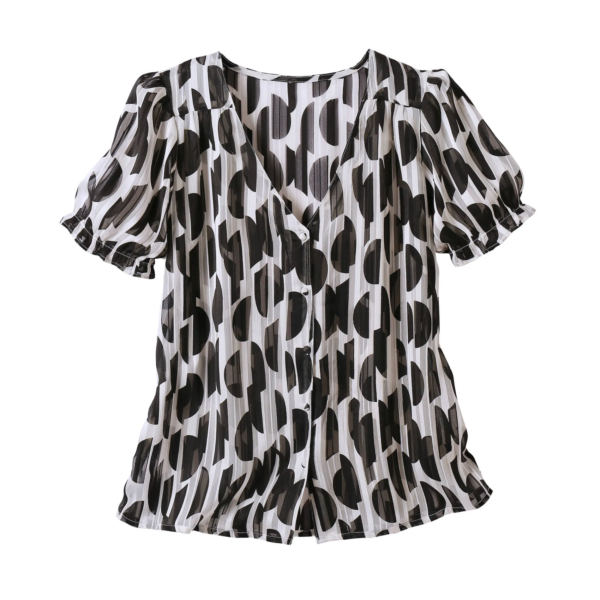 Bloes En Tuniek<Blancheporte Bloes met bloezende mouwen en tweekleurige print, jacquardvoile zwart / ecru