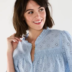 Bloes En Tuniek<Blancheporte Bloes met broderie anglaise, smokwerk en stroken aan de hals hemelsblauw
