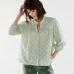 Bloes En Tuniek<Blancheporte Bloes met broderie anglaise, smokwerk en stroken aan de hals amandel groen
