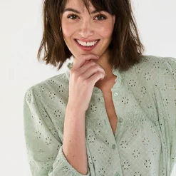 Bloes En Tuniek<Blancheporte Bloes met broderie anglaise, smokwerk en stroken aan de hals amandel groen